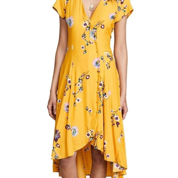 Free People High-Low Dress Size XS Yellow Purple Floral Lined Cap Sleeves - Picture 2 of 12